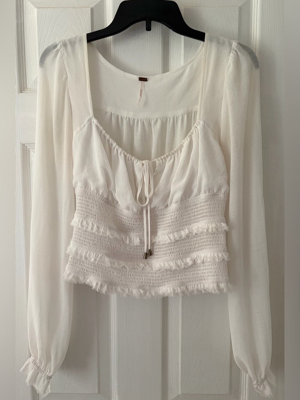 Free People White Smocked Long-Sleeve Crop Top